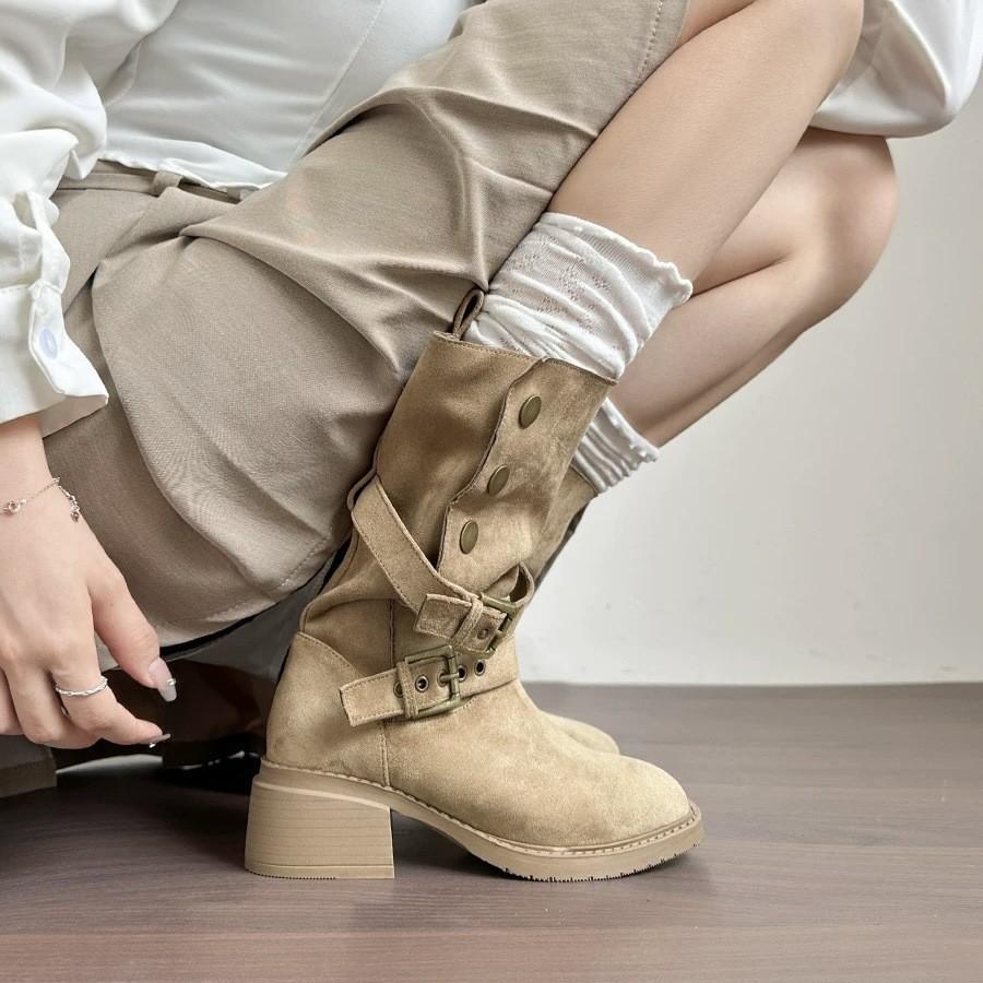 Винтажные матовые ковбойские сапоги в стиле вестерн женские кожаные короткие сапоги с пряжкой с застежкой-молнией на толстом каблуке средней высоты