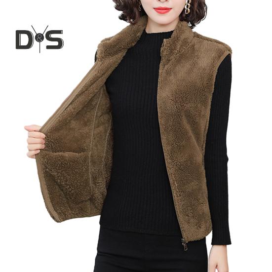 Женский осенне-зимний однотонный плюшевый жилет с воротником-стойкой, карманы без рукавов, карманы на молнии, утолщенный двухсторонний флисовый жилет, пальто