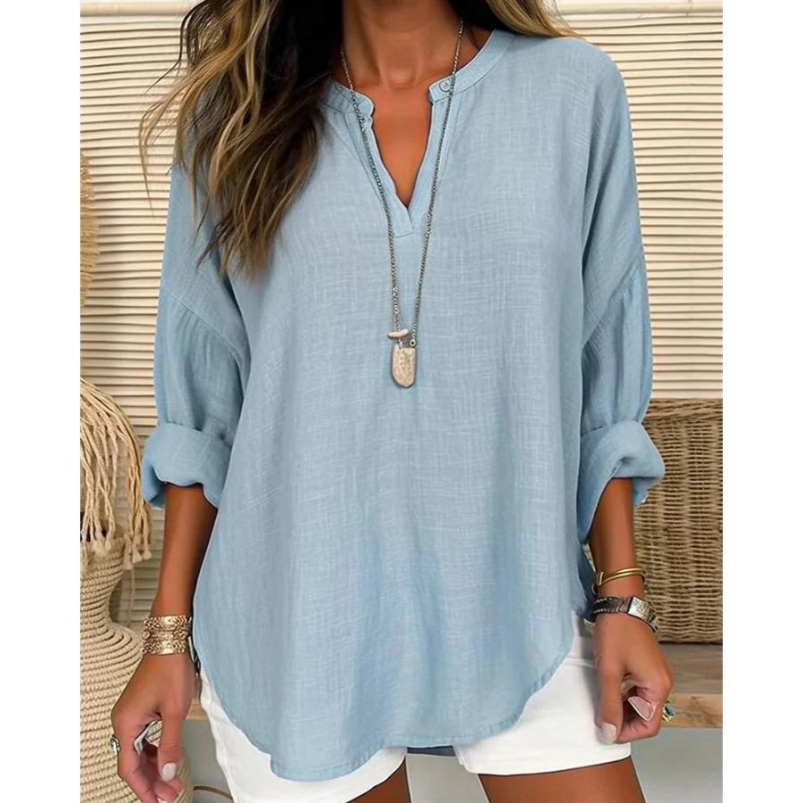 Women Spring Autumn Cotton Linen Blouse White Green Blue Loose Top V Neck Drop Shoulder Long Sleeve Blouses