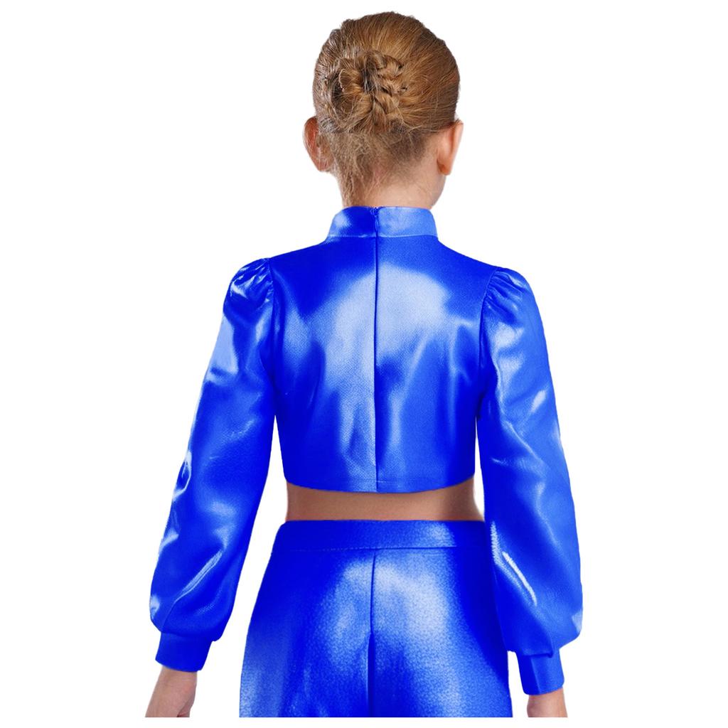 Girls Jazz Dance Top Mock Neck Long Sleeves with Invisible Zipper Back Shiny Rhinestones Metallic Dancewear