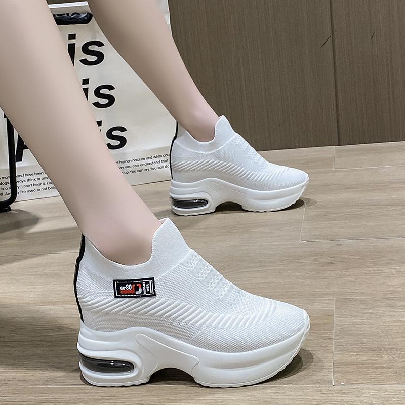 New Ladies Sneakers Spring Sequin Casual Women's Platform High Heels Wedge Heel Heightening Knitted Ladies Vulcanized Shoes