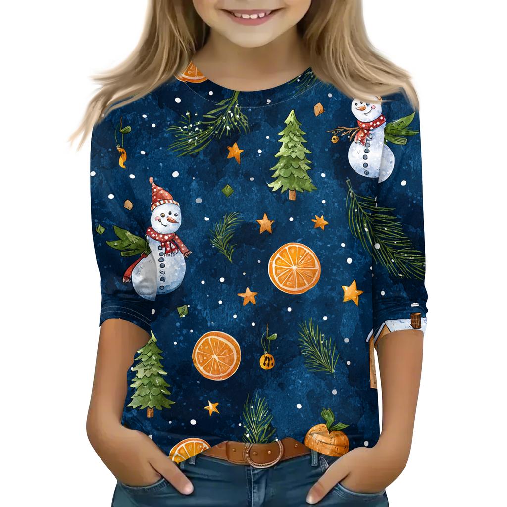 Children's 3/4 Sleeve Round Neck Top Christmas Tree Printed Everyday Casual Top