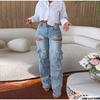 Women Cutout Diamonds Crystal Hollow Out Straight Denim Pants 2025 Spring Autumn Multi Pocket High Waist Wide Leg Jeans Trousers