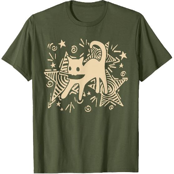 Y2K 90s Cute Playful Tomcat Cat with Knife Under Starry T-Shirt