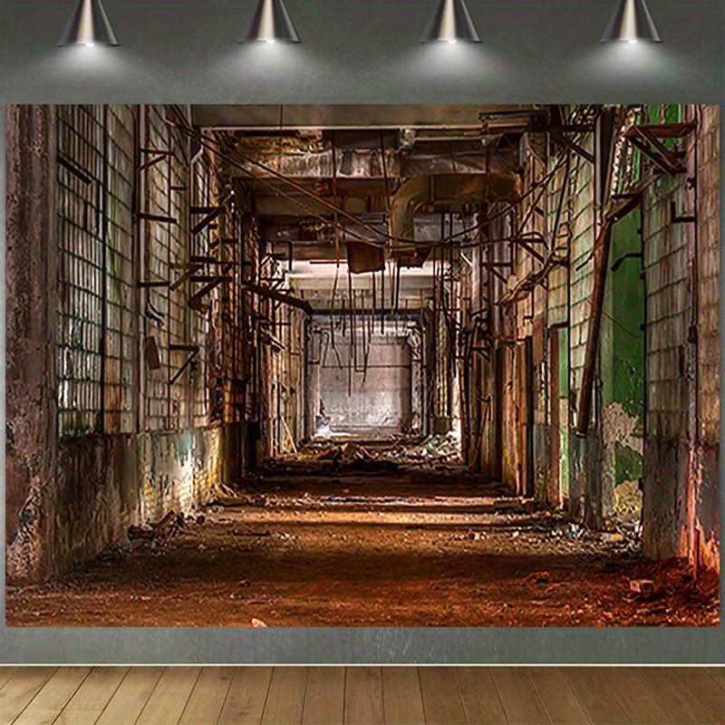 One background fabric depicting a corridor of an abandoned factory including door and window designs.PMJ