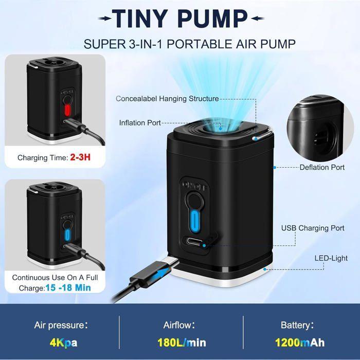Pompe à air électrique - AIMOONSA - Mini Pompe à air 2 en 1 - Rechargeable USB - 5 buses - LED camping, 100 g