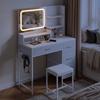 3 Color LED Mirror Makeup Vanity Charging Station 4 Drawers 5 Shelves Hair Dryer Holder White