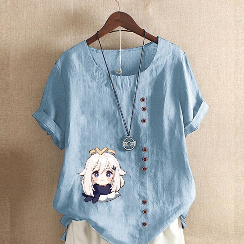 Women's Fashion Round Neck Short Sleeve T-shirt Casual Cotton Linen Graphic Shirt Leisure Loose White Haired Girl Prined Summer Blouse Tops