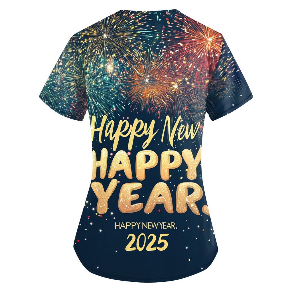 Women's Fashion V-neck Short Sleeve Workwear With Pockets  Printed Tops