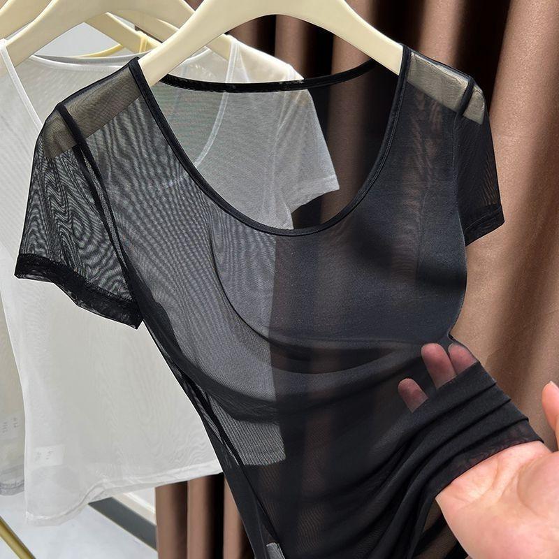 Hot Girl Mesh Short Sleeved T-shirt for Women In Summer High-end Ice Silk Shoulder See Through Top Sheer Top
