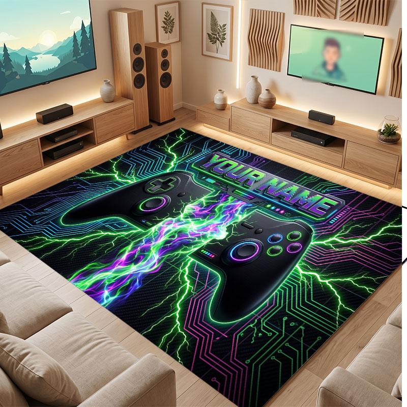 Game Controller Theme Crystal Velvet Floor Rug Personalized Custom Name Text Warm Carpet Home Decoration