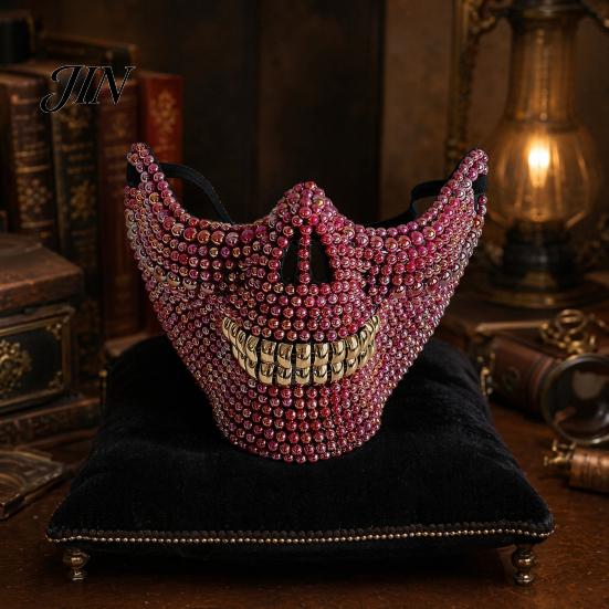 Creative Party Costume Prop Halloween Skull Half Face Mask, Rhinestone Punk Knight Masquerade Comfortable Mask with Adjustable Straps, Lightweight