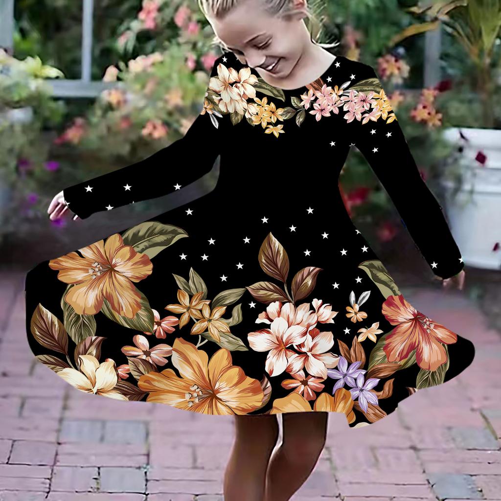 Повседневное платье для девочки с 3D-принтом «Звезды и цветы» с круглым вырезом и длинными рукавами, детское платье принцессы