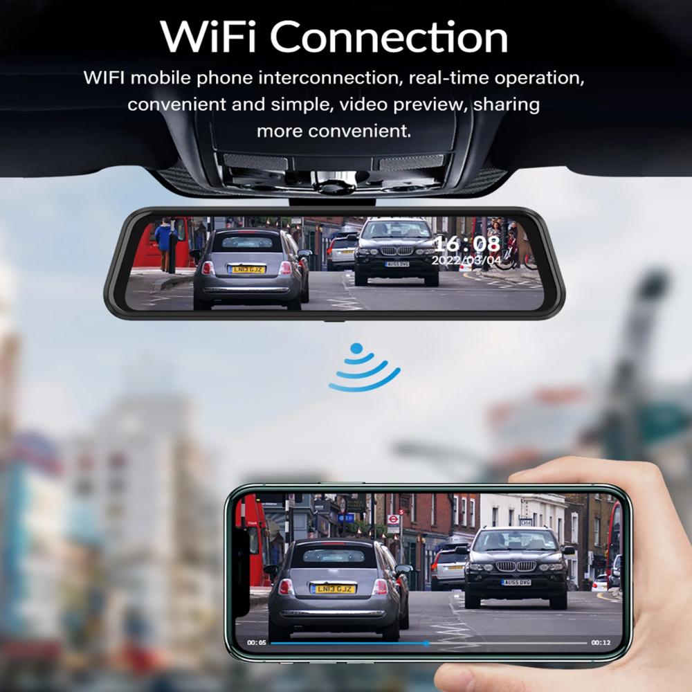 4K WiFi зеркало видеорегистратор, зеркало заднего вида спереди и сзади WDR автомобильная камера с 10-дюймовым сенсорным экраном IPS, приложение, ночное видение, помощь при парковке