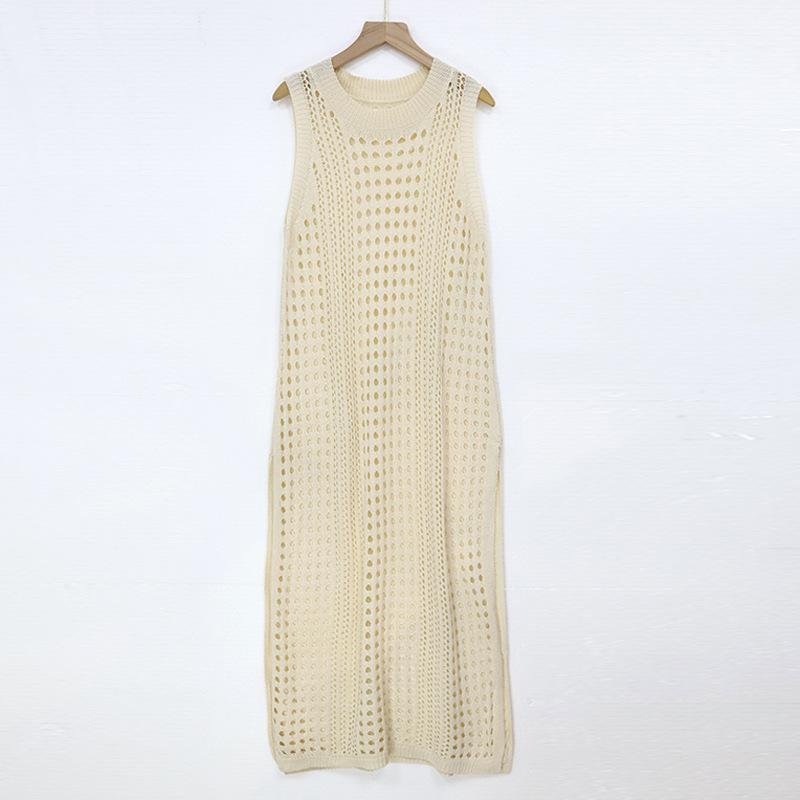 Летний женский полый вязаный жилет, морское длинное платье с круглым вырезом, без рукавов, пляжная накидка
