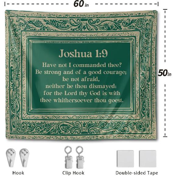 NIPINUS Christian Wall Tapestry with Bible Verses - Joshua1:9,Large tapestry wall hanging,Green Retro Motivational Flags Tapestry for Bedroom, Dorm,