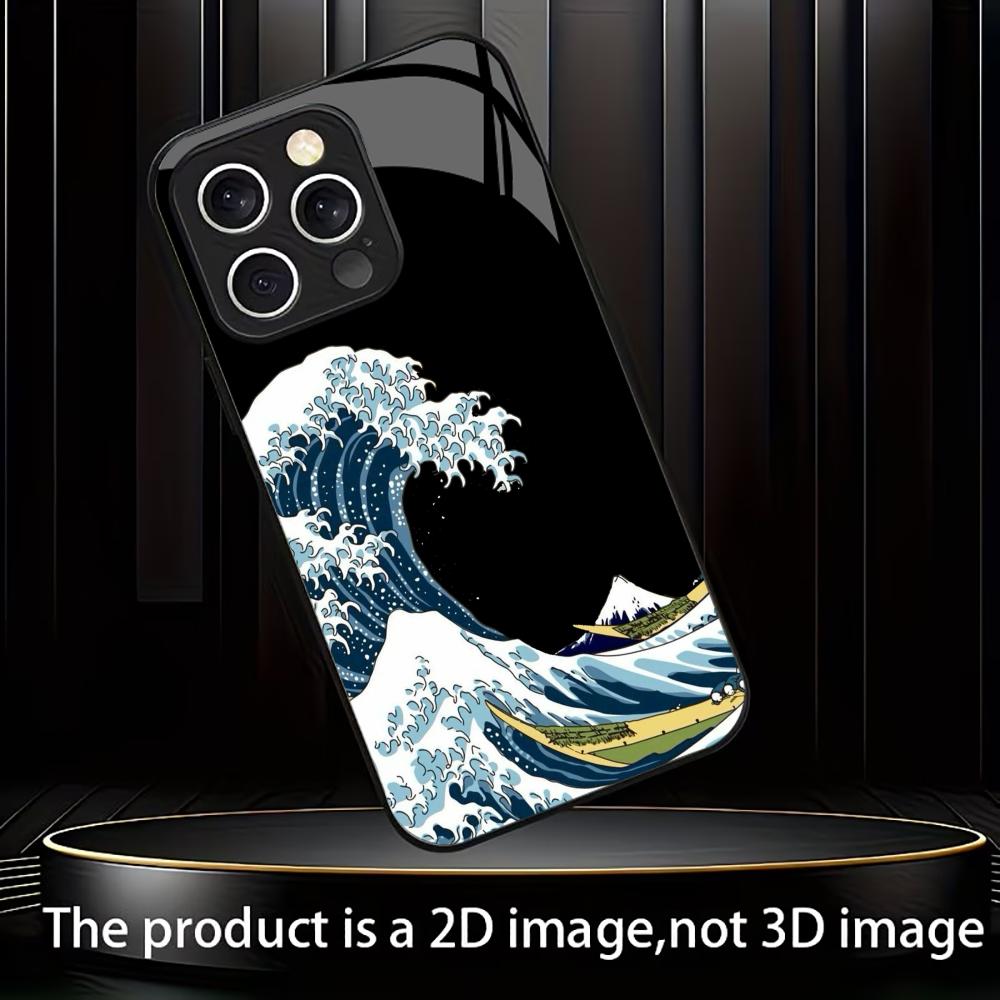 Черный стеклянный ТПУ чехол с рисунком для iPhone 17 Air 16 15 14 13 12 11 Pro Max Plus Кацусика Хокусай Японское искусство Великая волна