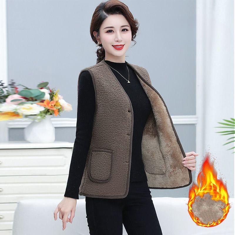 Women's Autumn and Winter Solid Color Plus Size Loose Thickened Warm Vest Elderly Leisure Temperament Sleeveless Jacket