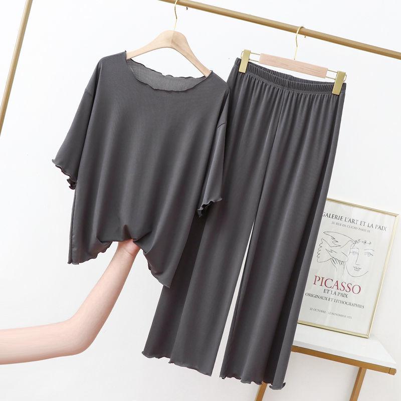 Женский пижамный комплект из хлопка и модала: Летне-осенняя футболка с коротким рукавом из ледяного шелка, больших размеров, для ношения дома или на улице