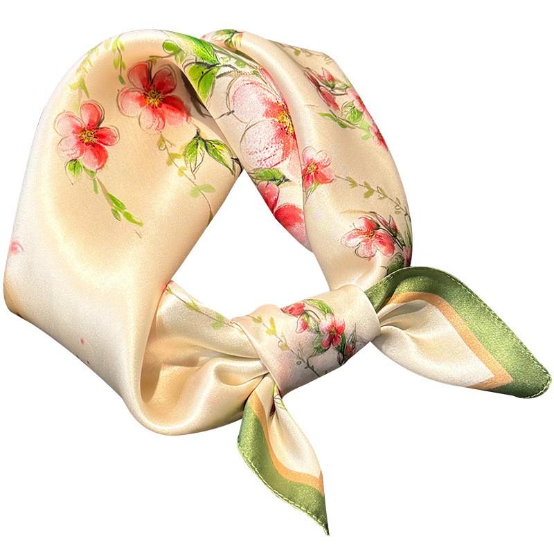 100% Pure Silk Square Scarf Women Floral Plum Blossom Print 53x53cm Lightweight Fashion Accessory Wear