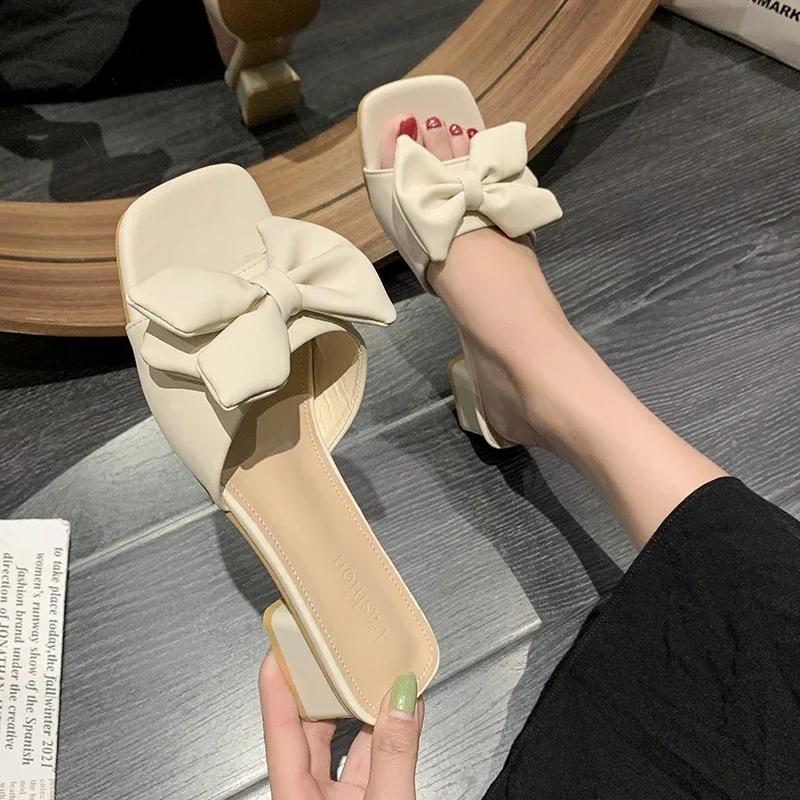 Модные летние туфли на квадратном каблуке женские мюли зеленые бабочка-узлы сандалии женские