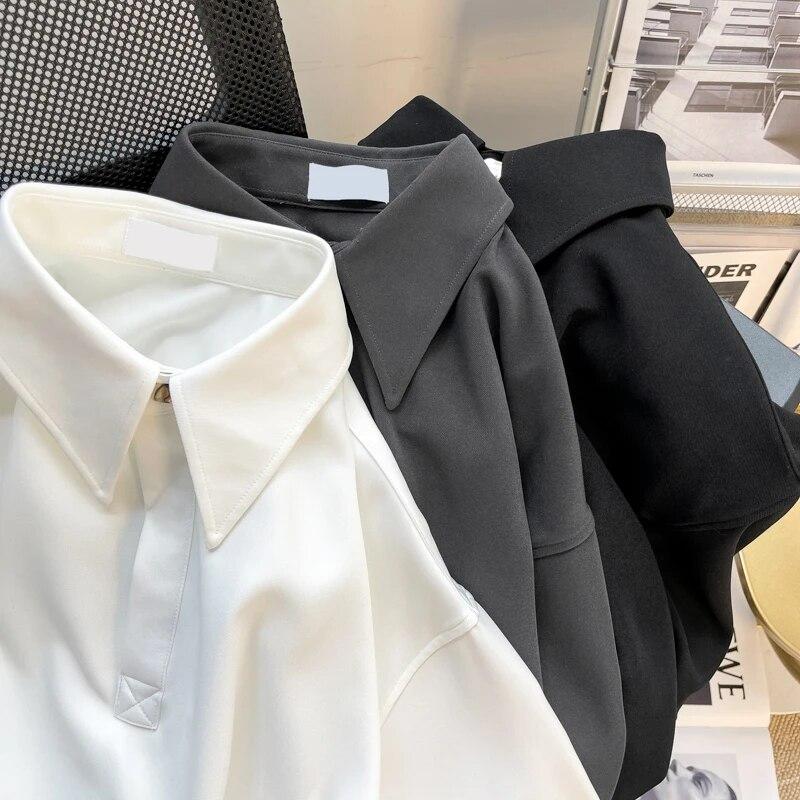 Мужская рубашка в стиле преппи, свободный мужской свитер с лацканами, универсальная однотонная блузка с длинными рукавами, осень-зима