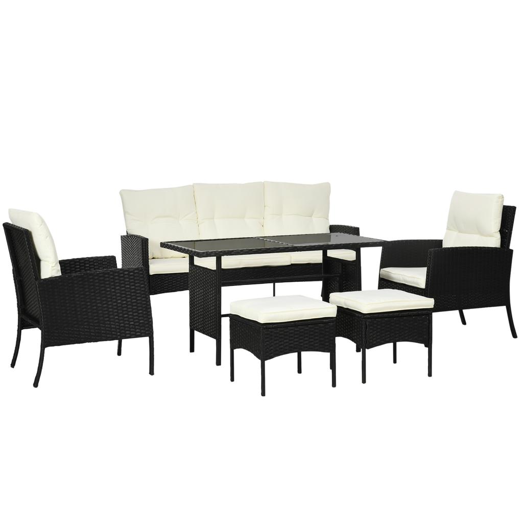 5 Seater Rattan Garden Furniture Set, 6 Piece Garden Sofa Set, Armchairs, 3-Seater Sofa, Footstools, Glass Dining Table, Cushions