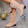 Retro Cowboy Boots for Women Anti-Slip Mid Calf Cowgirl Boots Embroidered Western Pointed Toe Chunky Block Heel Wide Calf Pull On Boots for Female