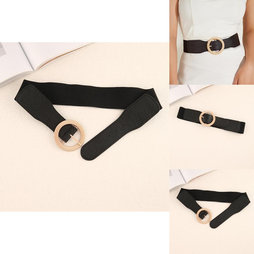 Trendy Women Waistband With Elastic Design And Alloy Round Buckle For Coats And Dresses