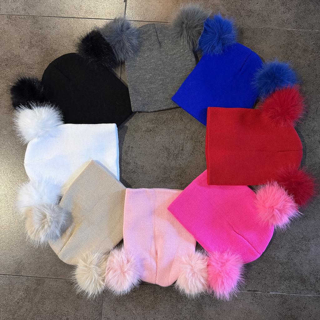 Double Solid Color Ball Knitted Cap Beanie With No Brim For Winter Use Daily