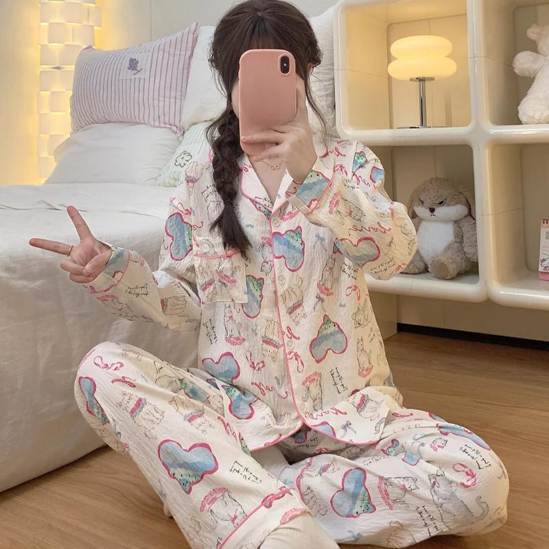 Женский пижамный комплект с принтом «Мультяшная любовь и кошка», осенне-зимняя домашняя одежда, повседневная мягкая, милая, милая одежда для сна