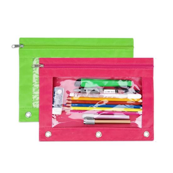 Пенал большой емкости с 3 кольцами, прозрачным окошком, застежкой-молнией и ручкой