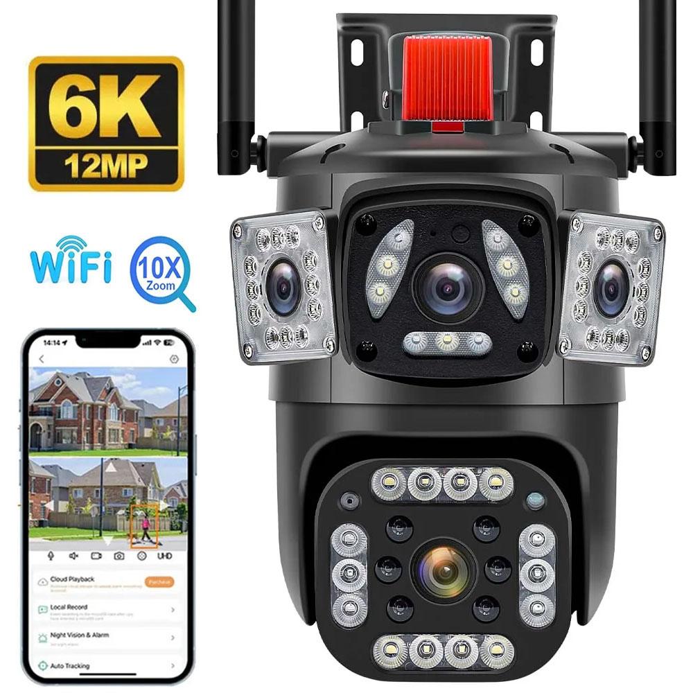EU Plug 12MP PTZ WiFi 6K Dual Lens Camera Wireless Three Screens Protection Motion Detection Outdoor IP CCTV Survalance Home Protection