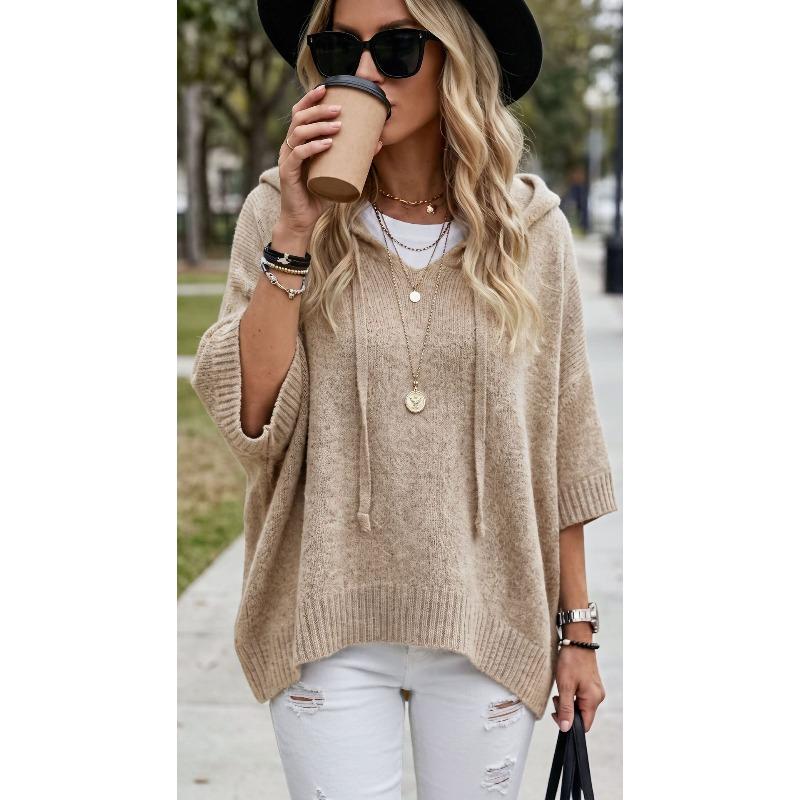 VEZFAA Women's Fashion Casual Spring Fall Solid Color Print 3/4 Sleeves Hooded Sweaters