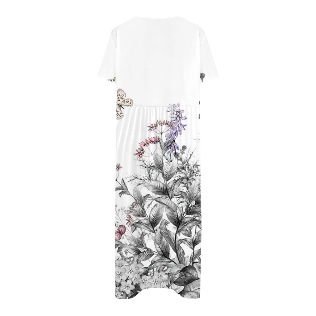 Women's Summer Casual Fashion Floral Print Short Sleeve Round Neck Pocket Dress