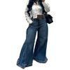 High-Waisted Wide Leg Denim Pants Women Deep Washed Blue Loose Flowy Full-Length Trousers