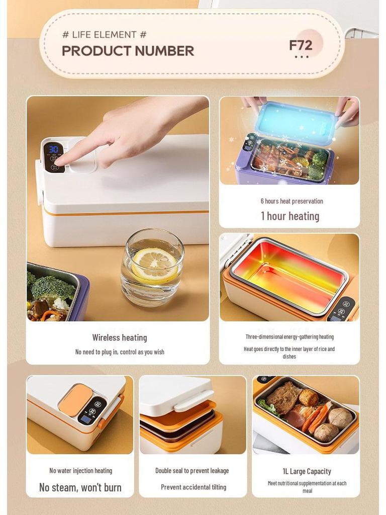 Перезаряжаемый электрический ланч-бокс большой вместимости с подогревом и изоляцией, с подкладкой из нержавеющей стали 304 для студентов и офисных работников.