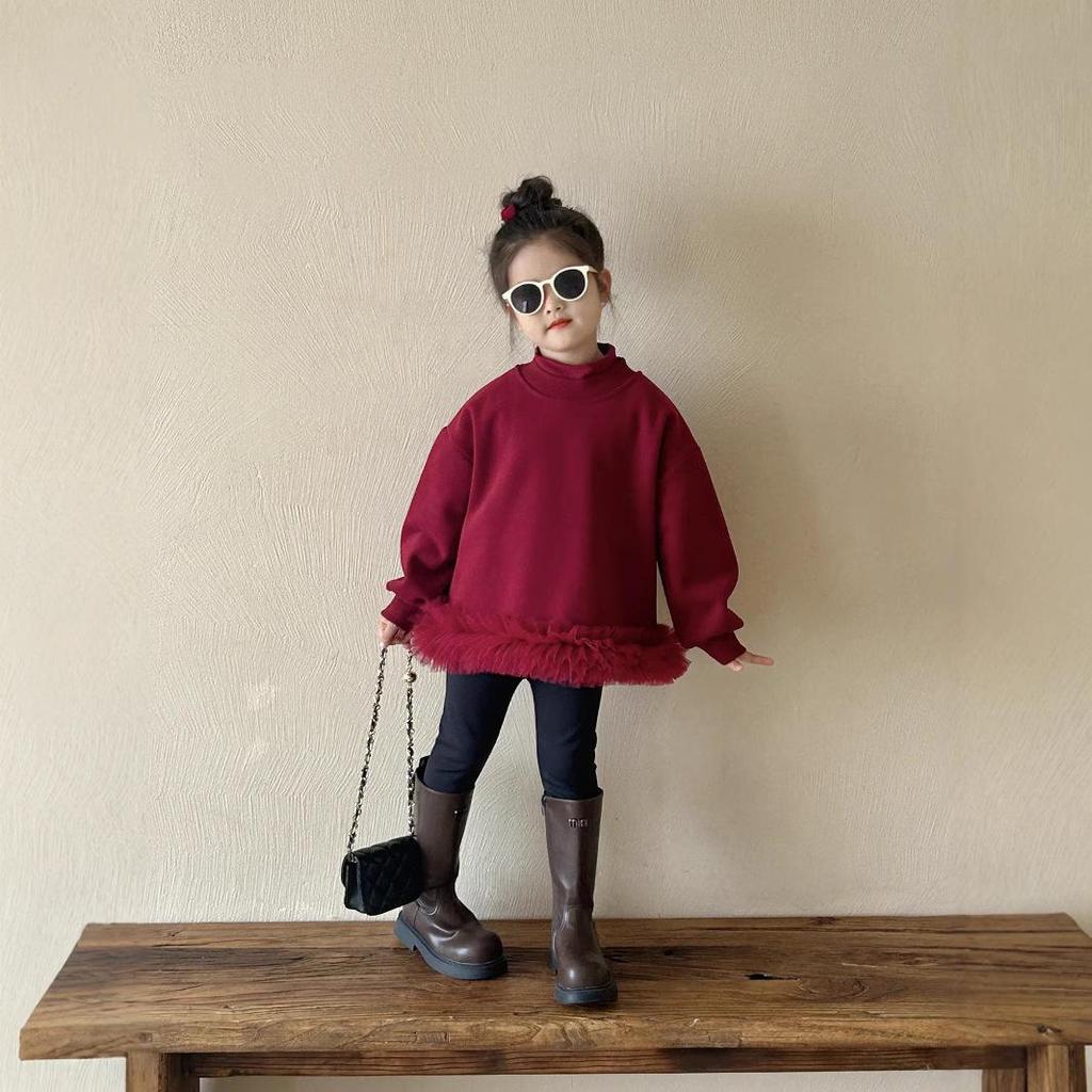 Children's Korean-Style Mesh Lace Velvet Sweatshirt Dress for Fall/Winter 2024