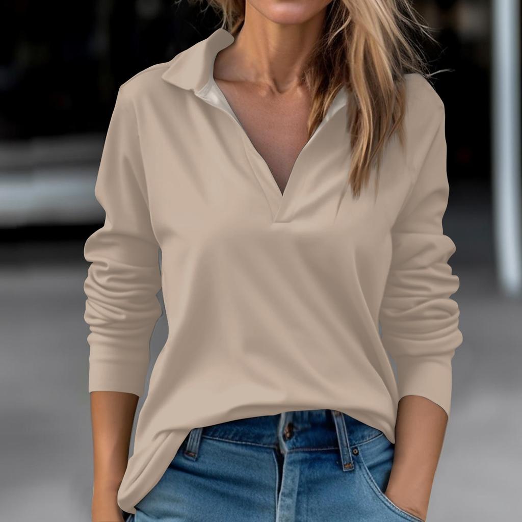 Women's Autumn And Winter Tops V-Neck Solid Color Casual Fashion Top T-Shirt