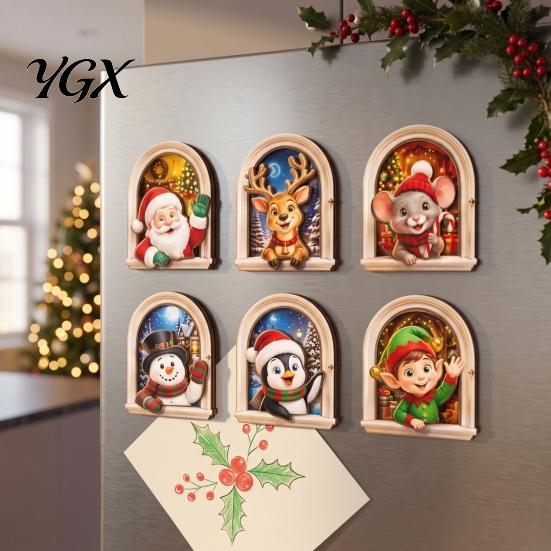 Christmas Gift for Home Arch Wooden Fridge Magnet Set, Holiday Window Frame Magnetic Decor Refrigerator Metal Surface, Festive Party