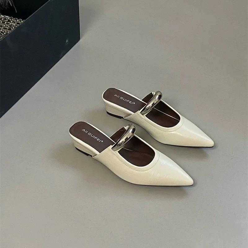 Женские шлепанцы с острым носком и металлической пряжкой, женские удобные модные босоножки на низком каблуке, дизайнерские туфли-лодочки для женщин