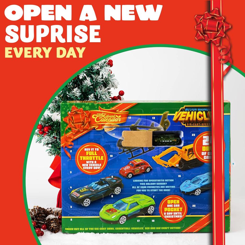 JOYFY 2025 Christmas Advent Calendar 24 Days Countdown Calendar Diecast Cars Set Christmas Vehicles Toys for Boys Kids Xmas Gift
