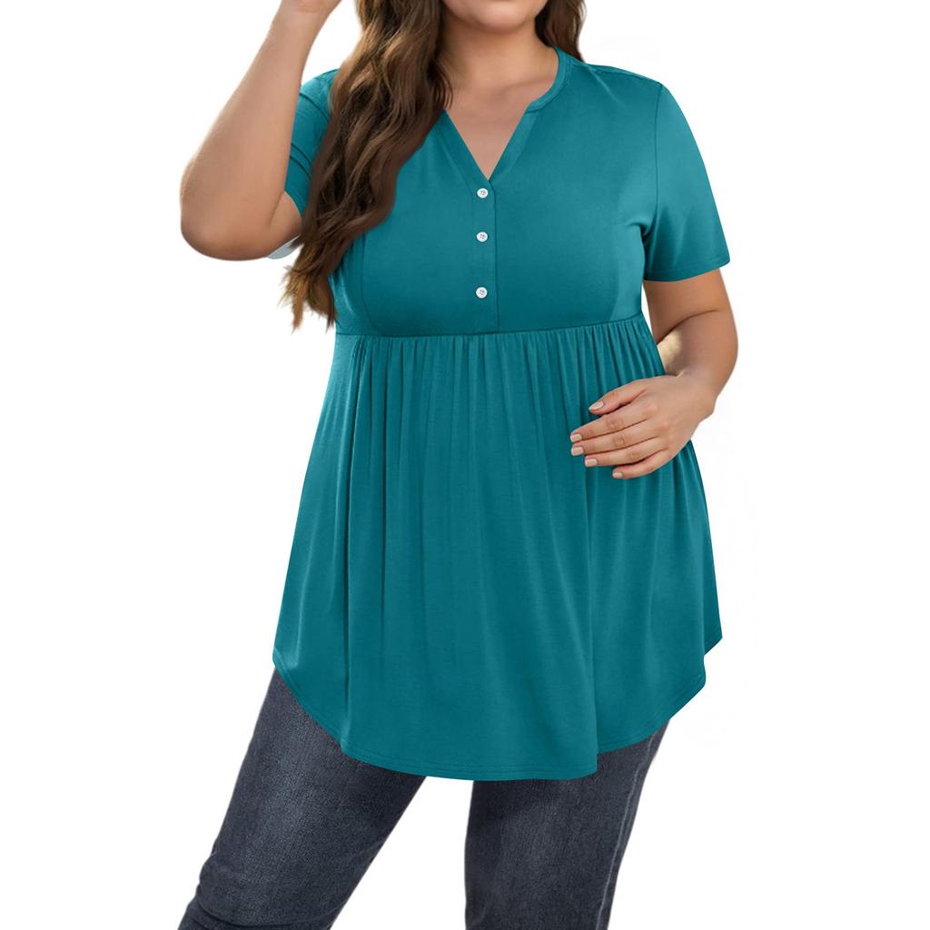 Women's Solid Color Large Size V Neck Button-Up Top Casual Short Sleeve Flowy Top