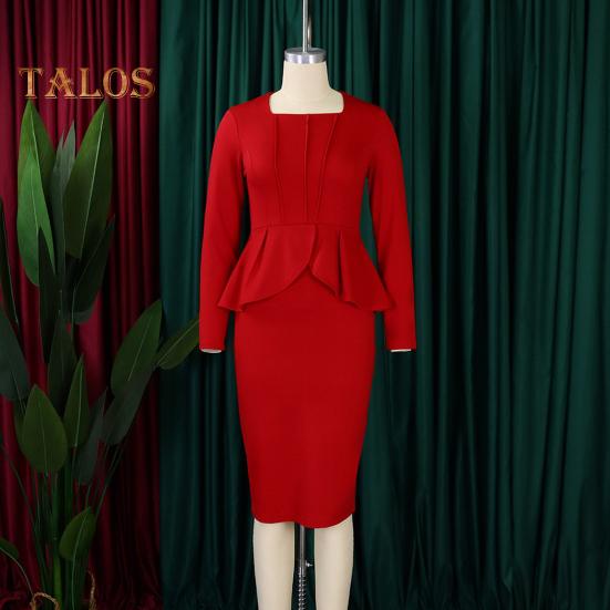 Женское деловое платье с квадратным вырезом и длинным рукавом, однотонное, с оборками, в стиле пэчворк, облегающее, OL, формальное платье миди для поездок на работу