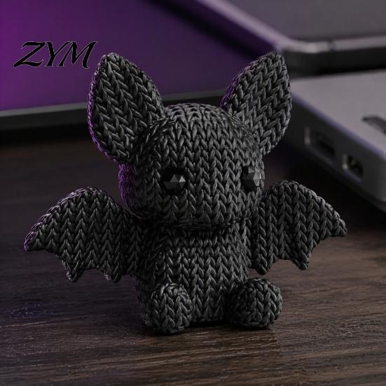 Trendy Desk Toys Collectibles 3D Printed Bat Figurine with Knitted Texture, Cartoon Halloween Decoration, Small Resin Craft Sculptures Cute