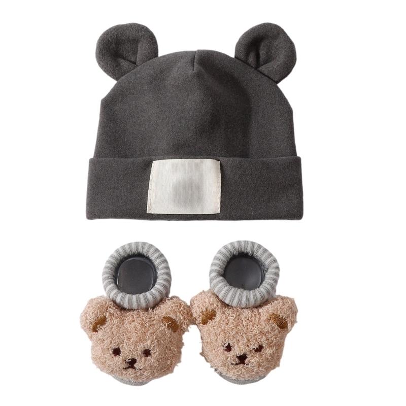Дышащая детская шапка и носки с ушками Эластичная смесовая ткань Хлопок и Полиэстер Нежное воздейжение на чувствительную кожу Надежная посадка для младенцев