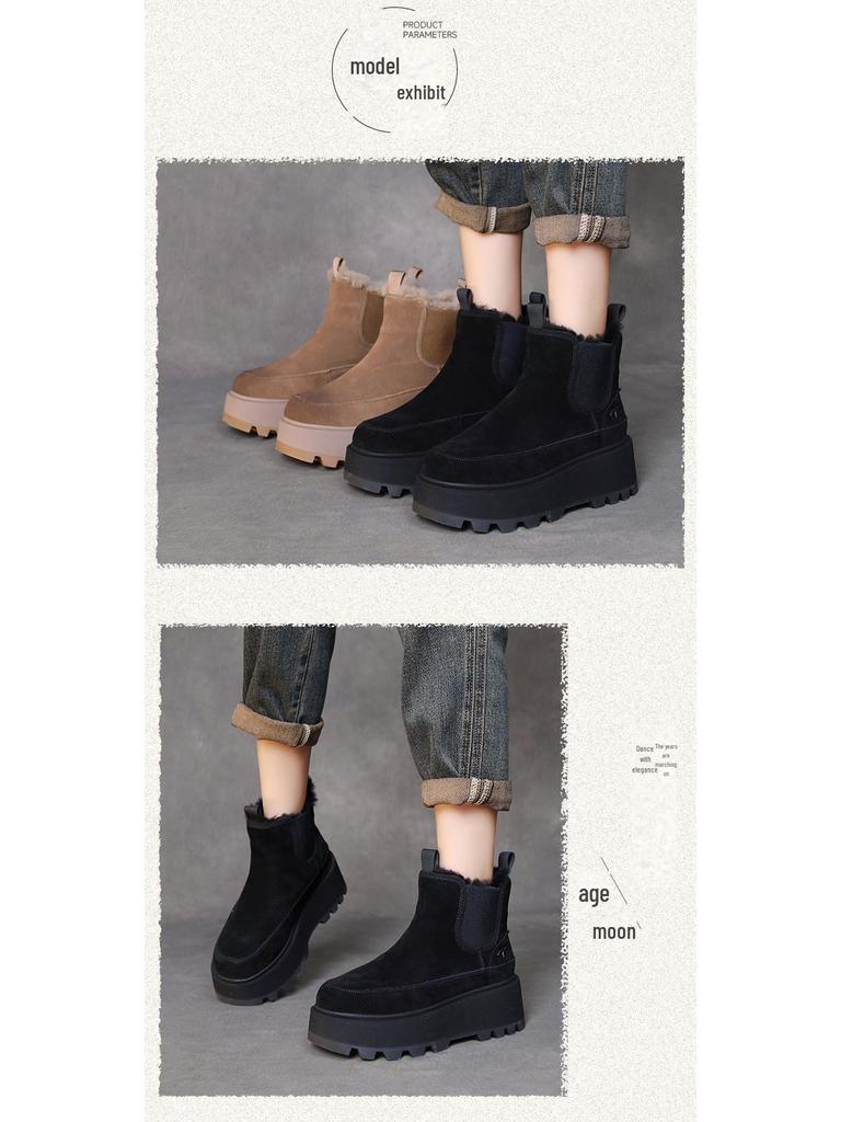 Женские зимние ботинки на платформе из бархатной кожи 2024 года: Теплые, удобные, короткие повседневные хлопковые ботинки на толстой подошве