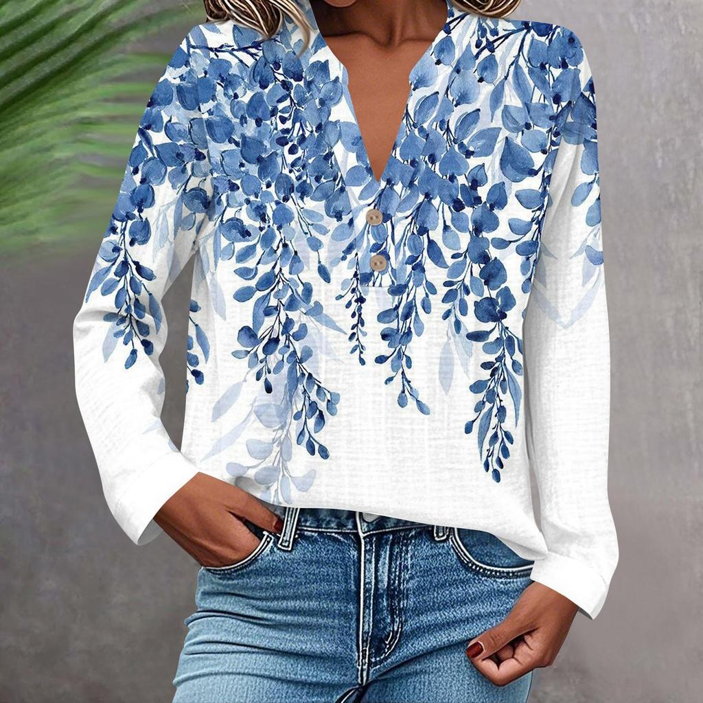 Женская модная и повседневная рубашка с длинным рукавом, V-образным вырезом, на пуговицах, с принтом, блузка, топ