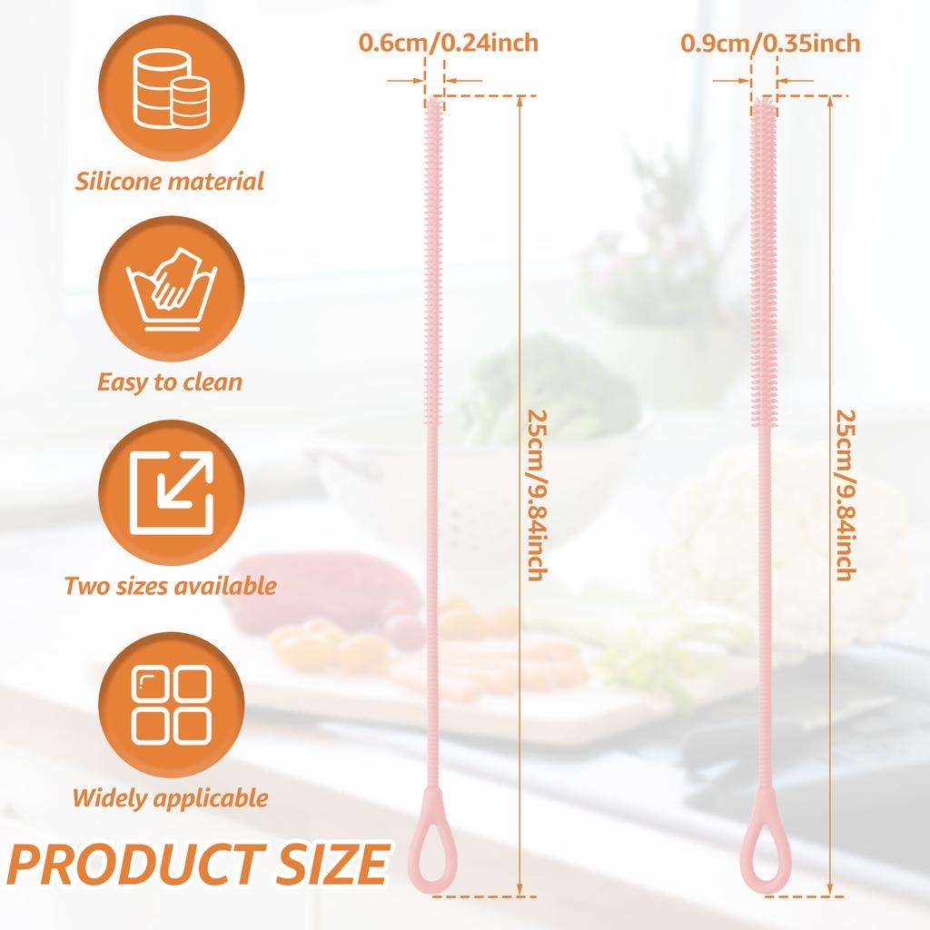 2 Pcs 6mm and 9mm Silicone Straw Brushes Reusable Straws Deep Cleaning Brush Long Handle Pacifier Brush for Clearing Glass