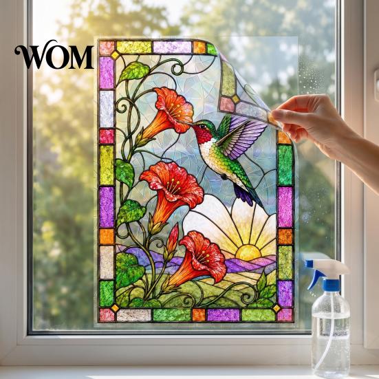 Electrostatic Adsorption Floral Film Stained Glass Static Window Clings, Hummingbird Flower Stickers, Removable No Glue Decal PVC Decals for Home Door